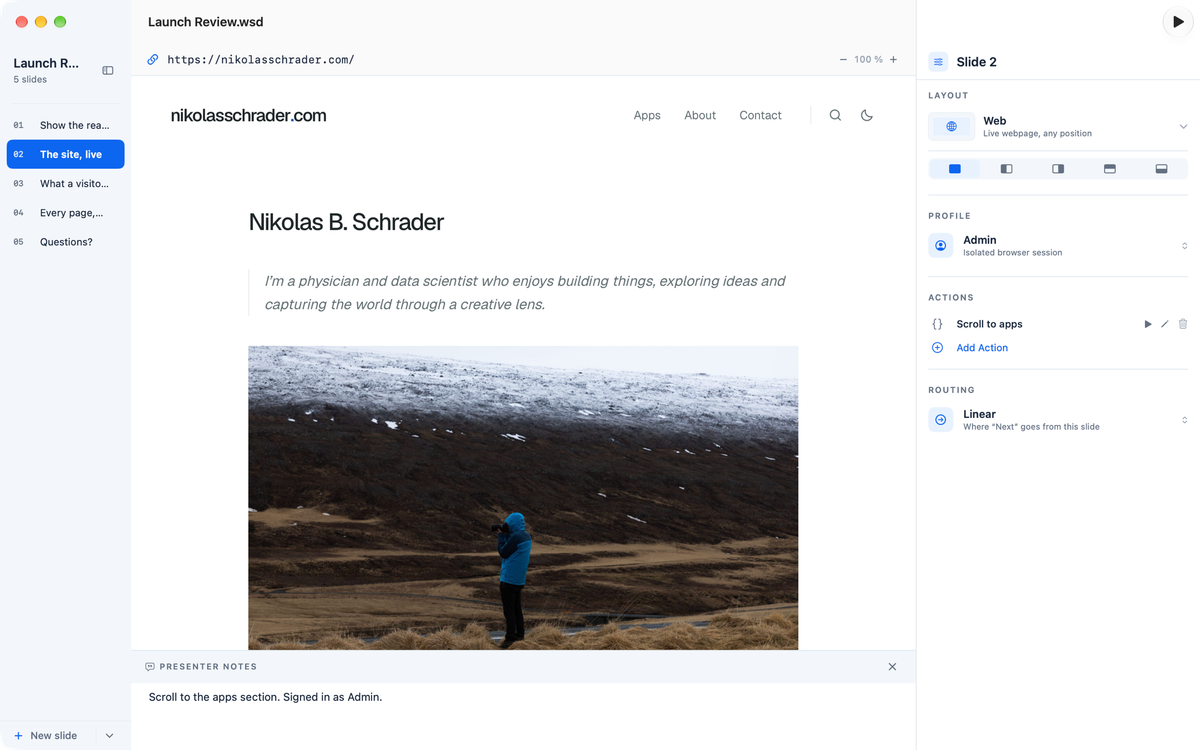 Eine Web-Folie mit einer echten Website in ihrem eigenen Browserprofil, mit Demo-Aktion und Notizen