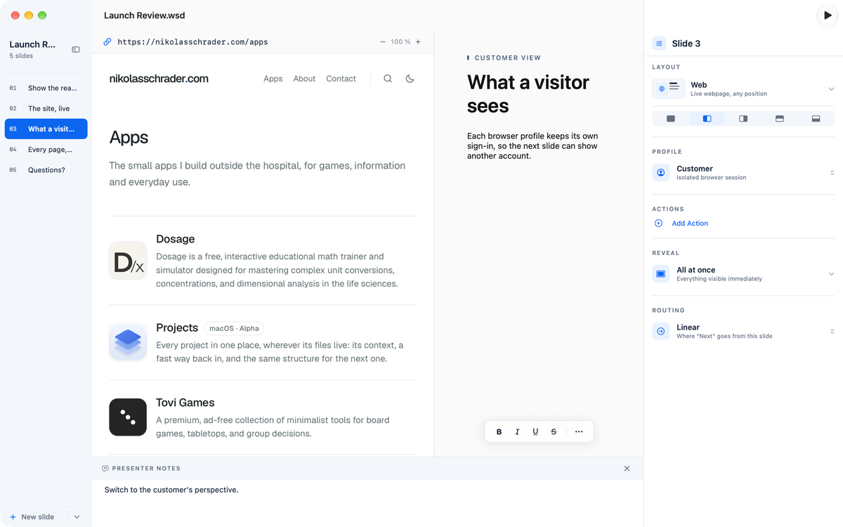 Eine Folie mit einer echten Seite neben Titel und Text, angemeldet mit einem zweiten Browserprofil