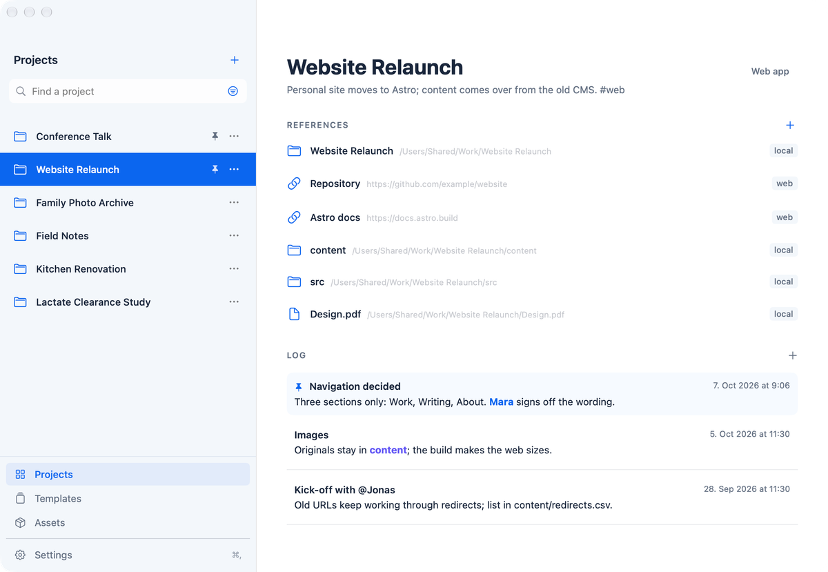 Ein Website-Projekt mit Zusammenfassung, Verweisen und Log