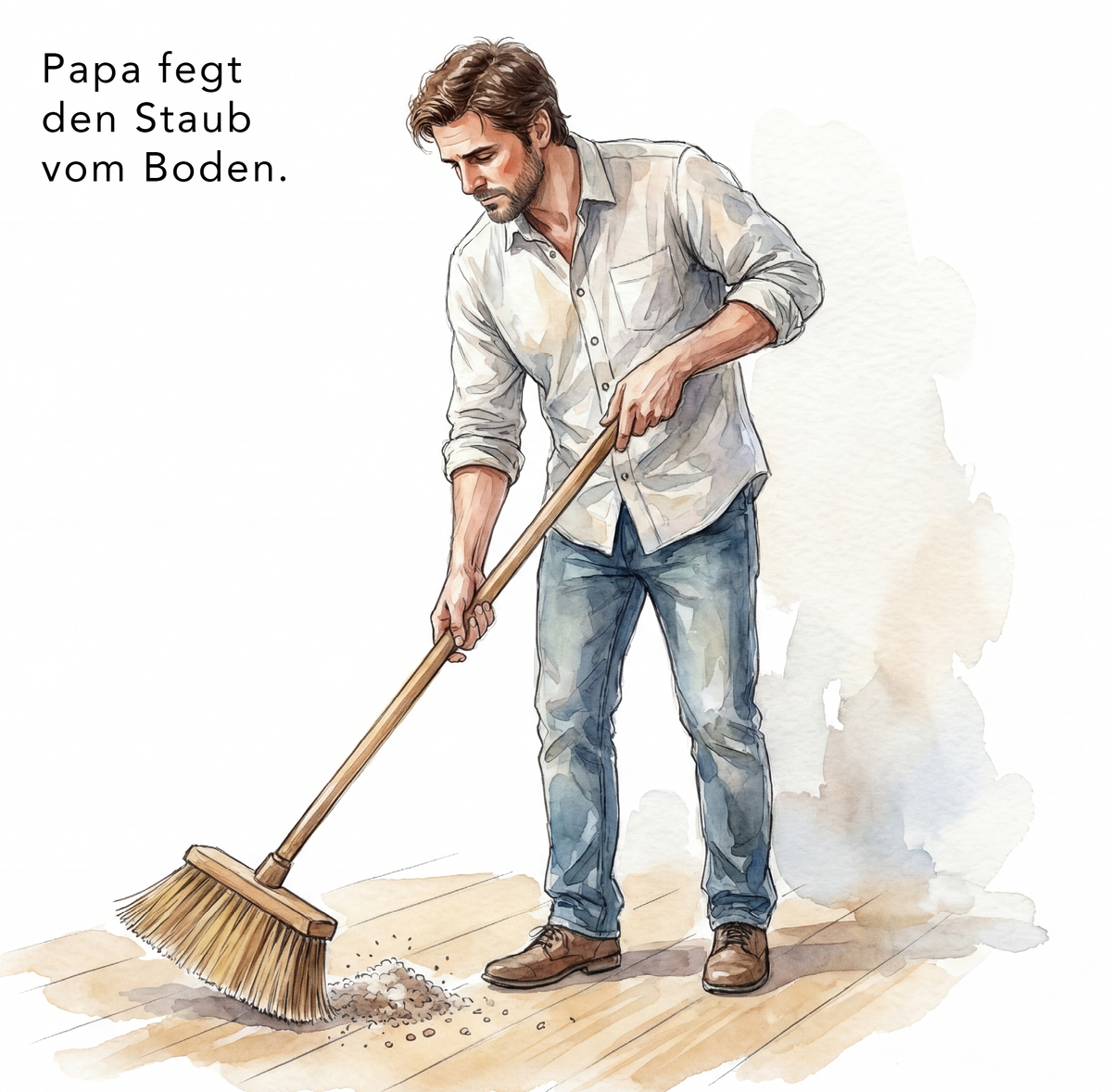 Page from “Lilly auch!”: Dad sweeps the dust off the floor.