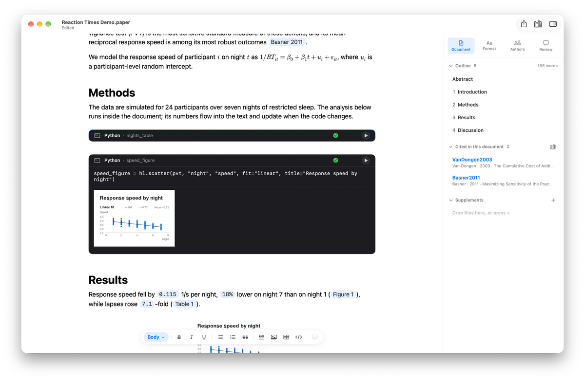 A Python cell with its plot in Paperings, and the results text whose numbers come from the code