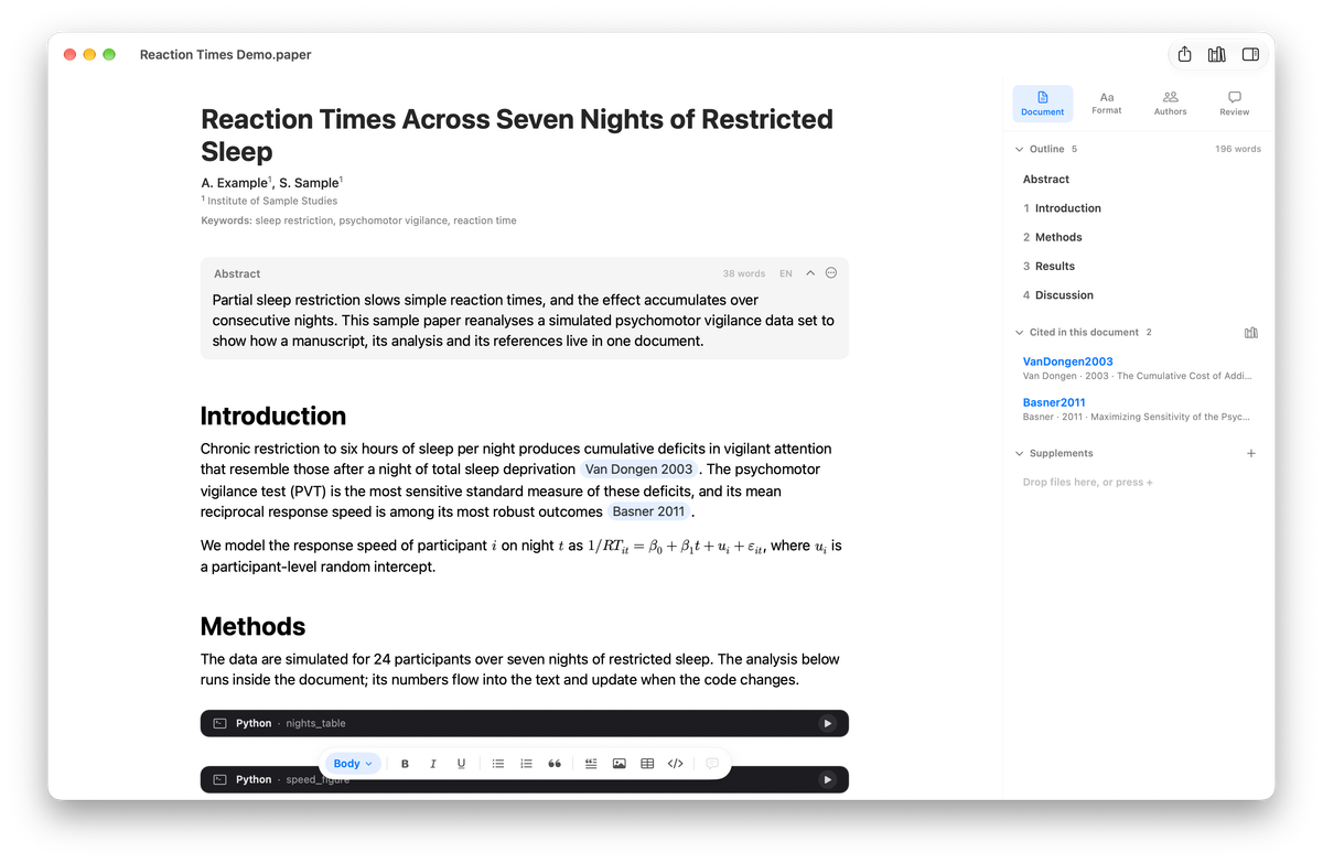 A sample paper in the Paperings editor: title, authors, abstract, citations and inline math, with the outline and the cited references beside it