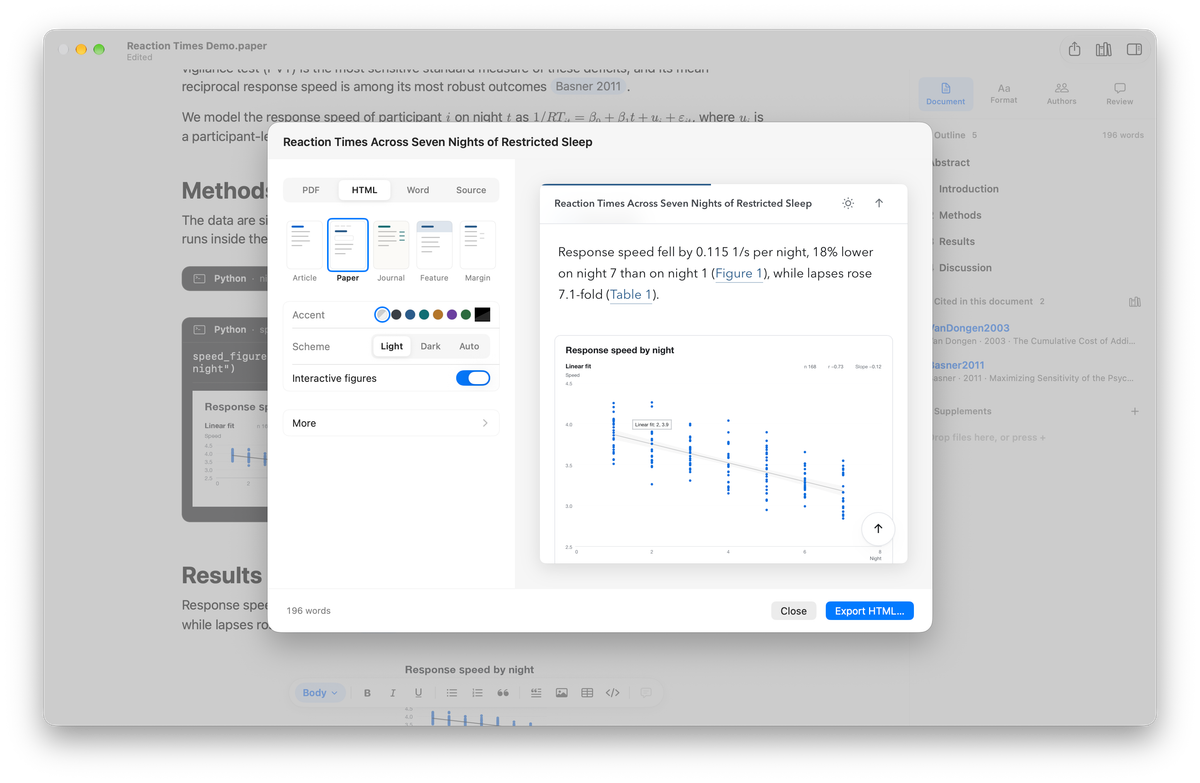 The Paperings export sheet with the HTML design Paper and an interactive figure showing a tooltip