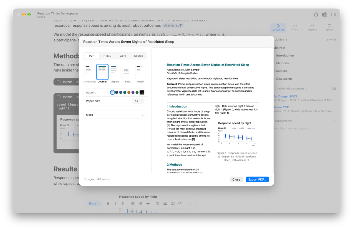 The Paperings export sheet with a live preview of the two-column PDF design Journal